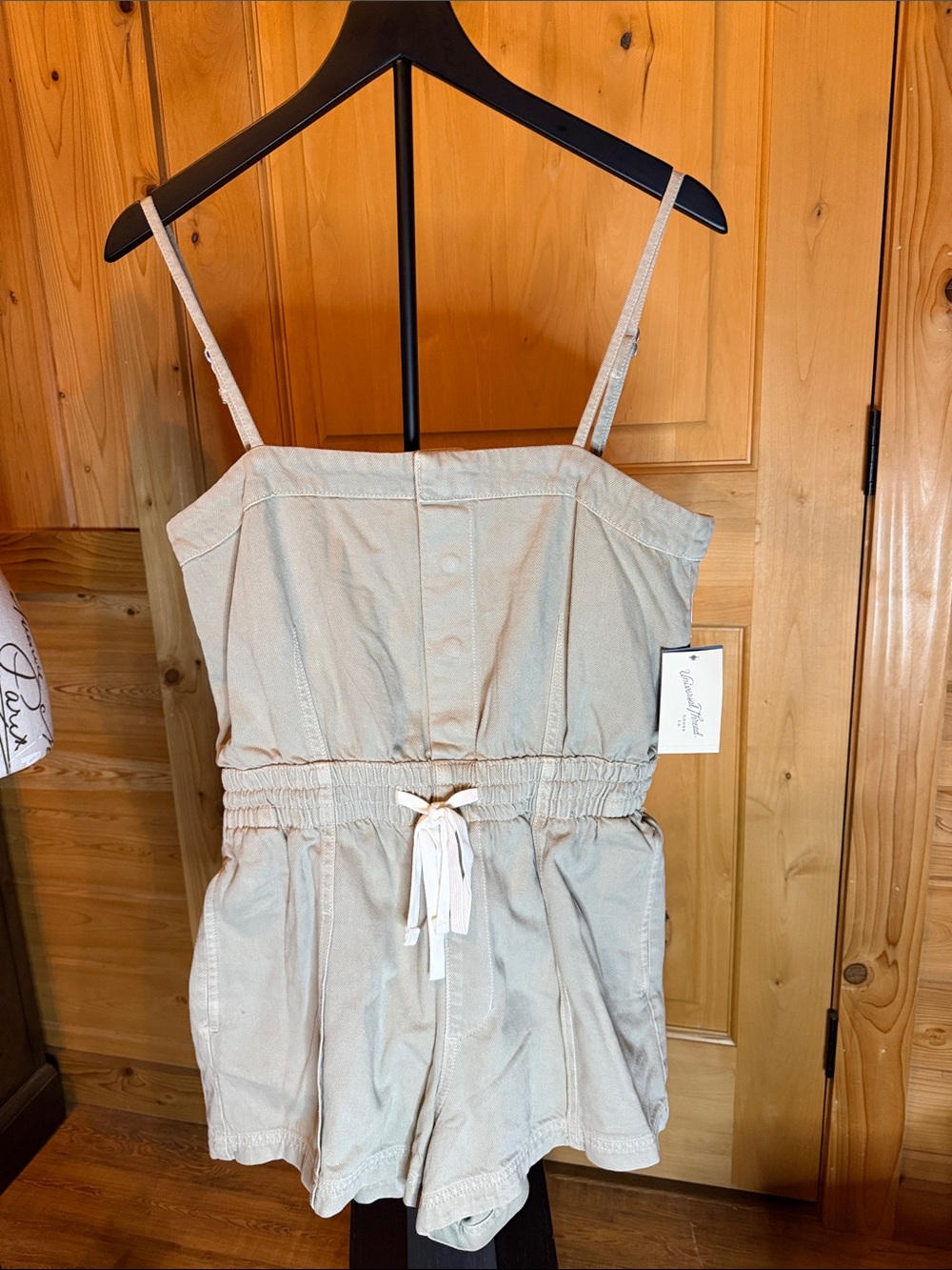 Sleeveless light khaki Drawstring Romper with Adjustable Straps